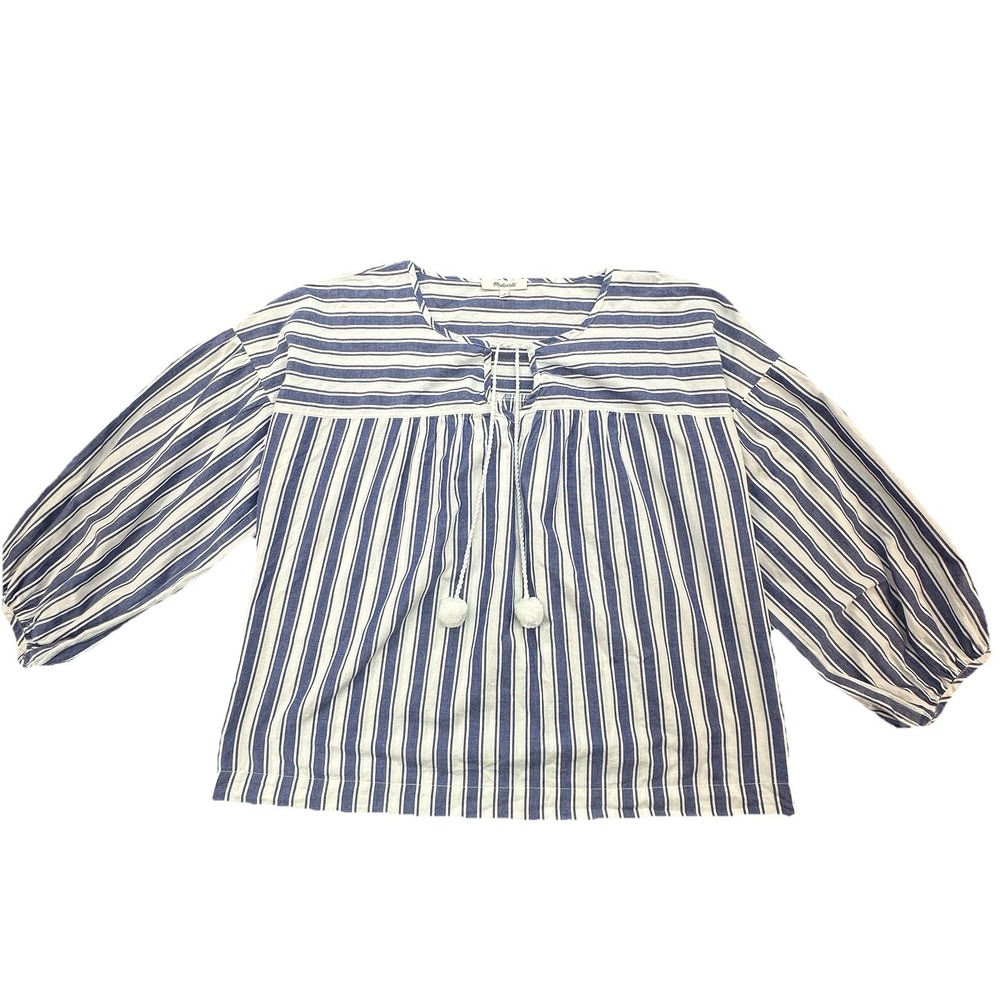 Madewell Blue White Striped Boho‎ Peasant Blouse Medium Cotton Tassel Tie Top